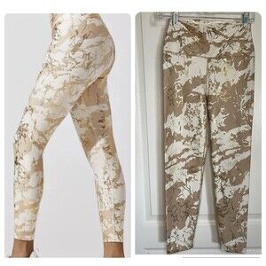Carbon38 Marble Shine 7/8 Leggings Women Sz Med Gold Metallic Double Faced Waist
